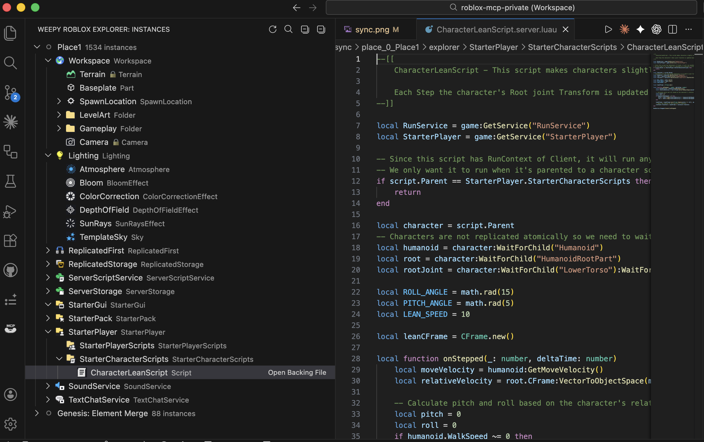 Roblox Explorer extension showing a synced Roblox Studio hierarchy inside VS Code.